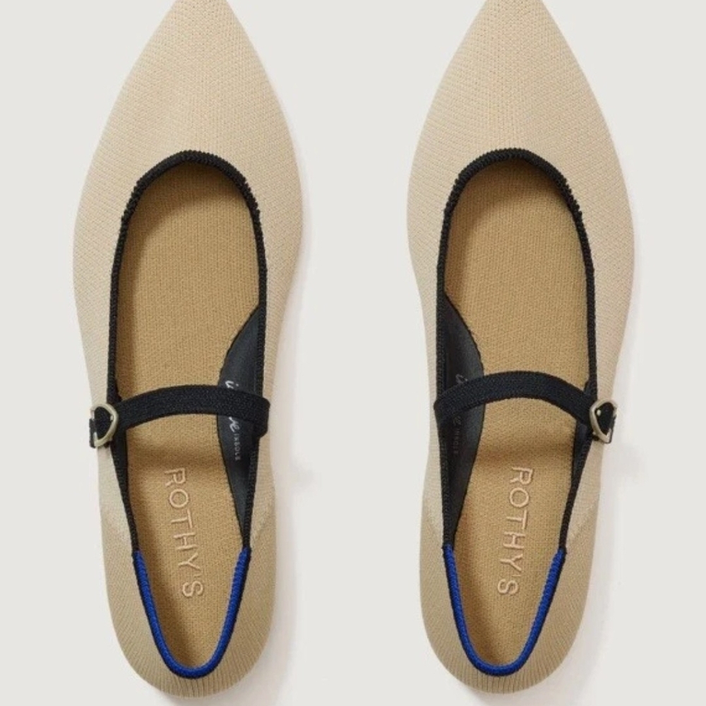 Rothy's Beige Pointed Mary Jane Flats with Black Trim and Blue Heel Detail